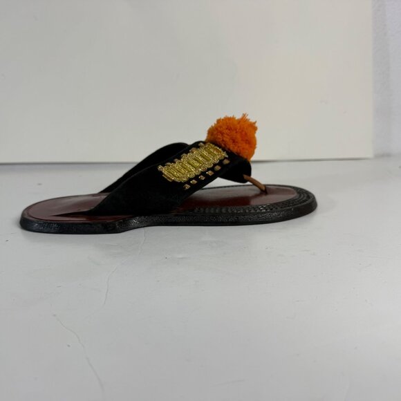 Traditional Ethnic Ahenema Sandals Size 8 Leather Slippers Orange Pom Ghanaian - Picture 16 of 16